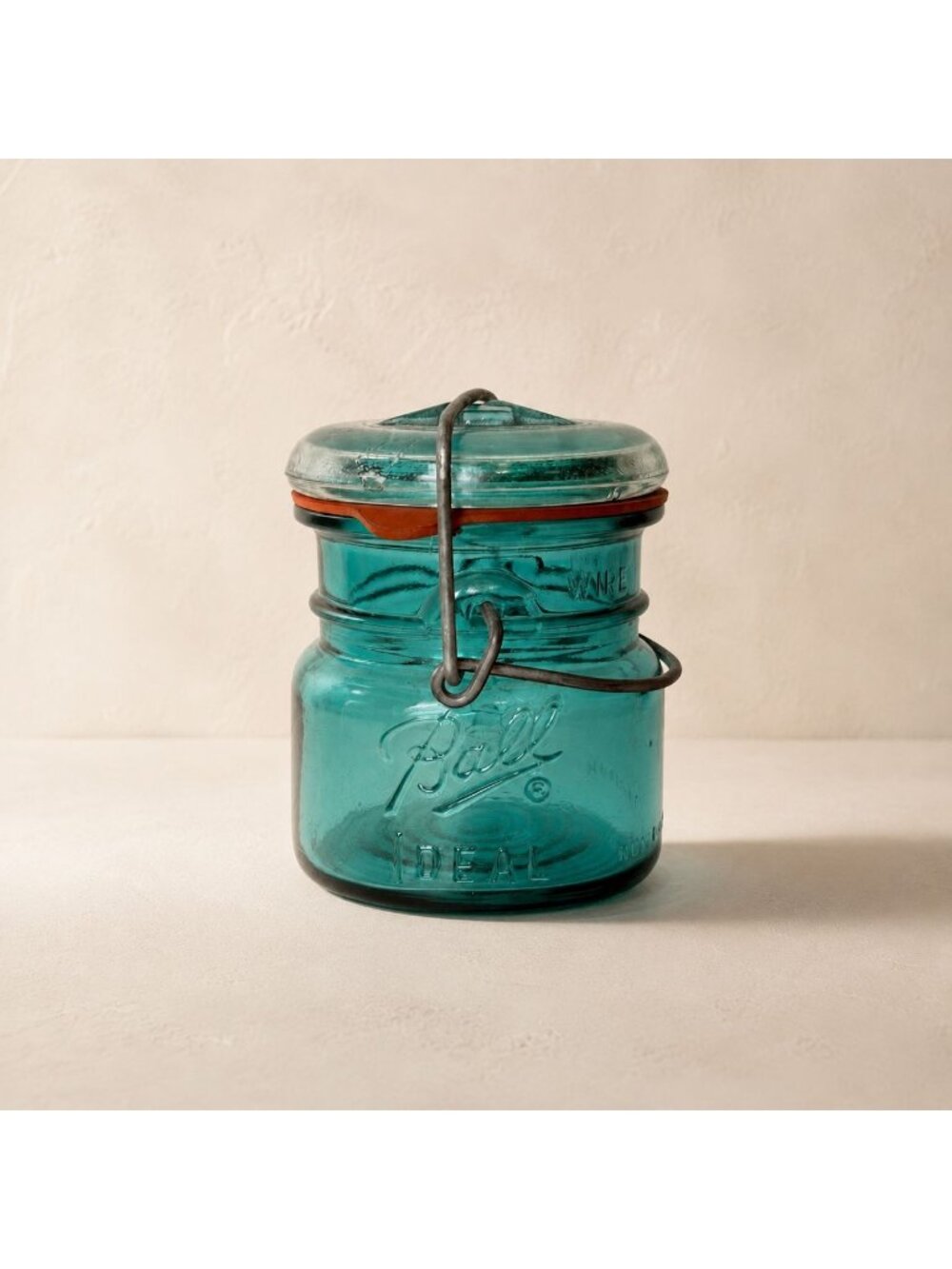 Vintage Mini Ball Ideal Jar Aqua Glass Wire Bail Lid Farmhouse Rustic Pantry USA